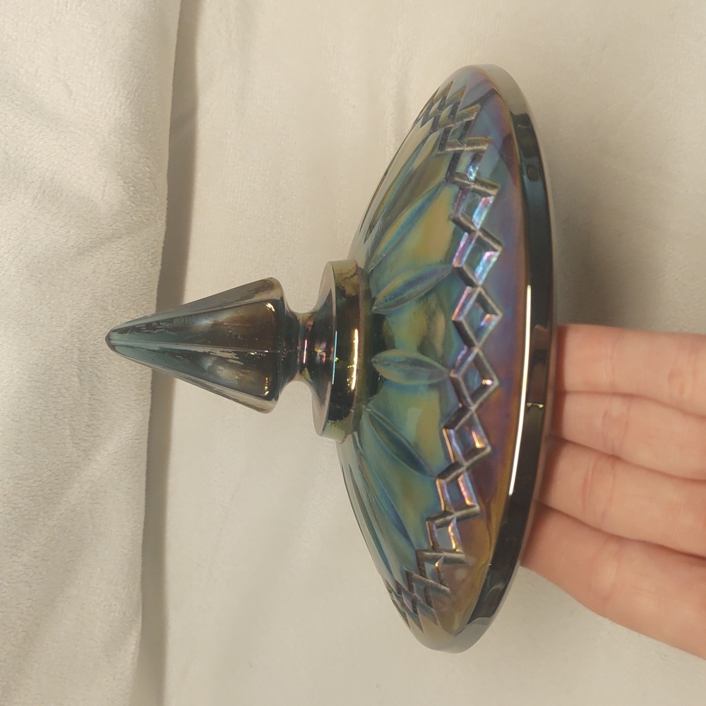 Vintage Candy Dish With Lid Iridescent Blue Rainbow Carnival Glass 1960s EUC - Picture 8 of 12